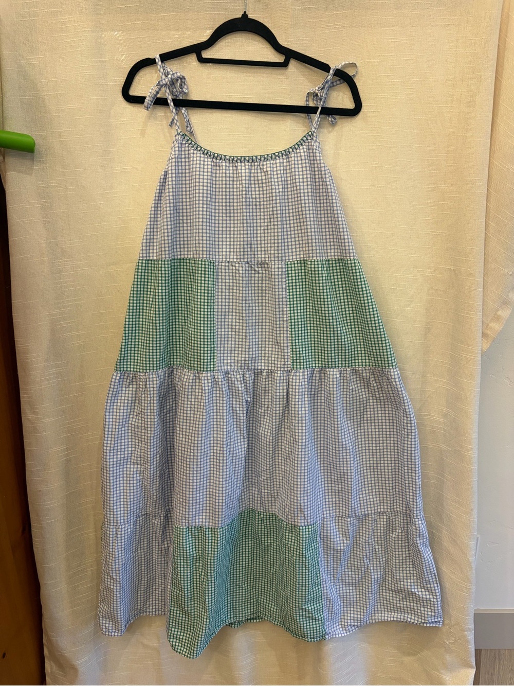 Cost Plus World Market Blue & Green Gingham Tie-Shoulder Midi Dress 100% Cotton